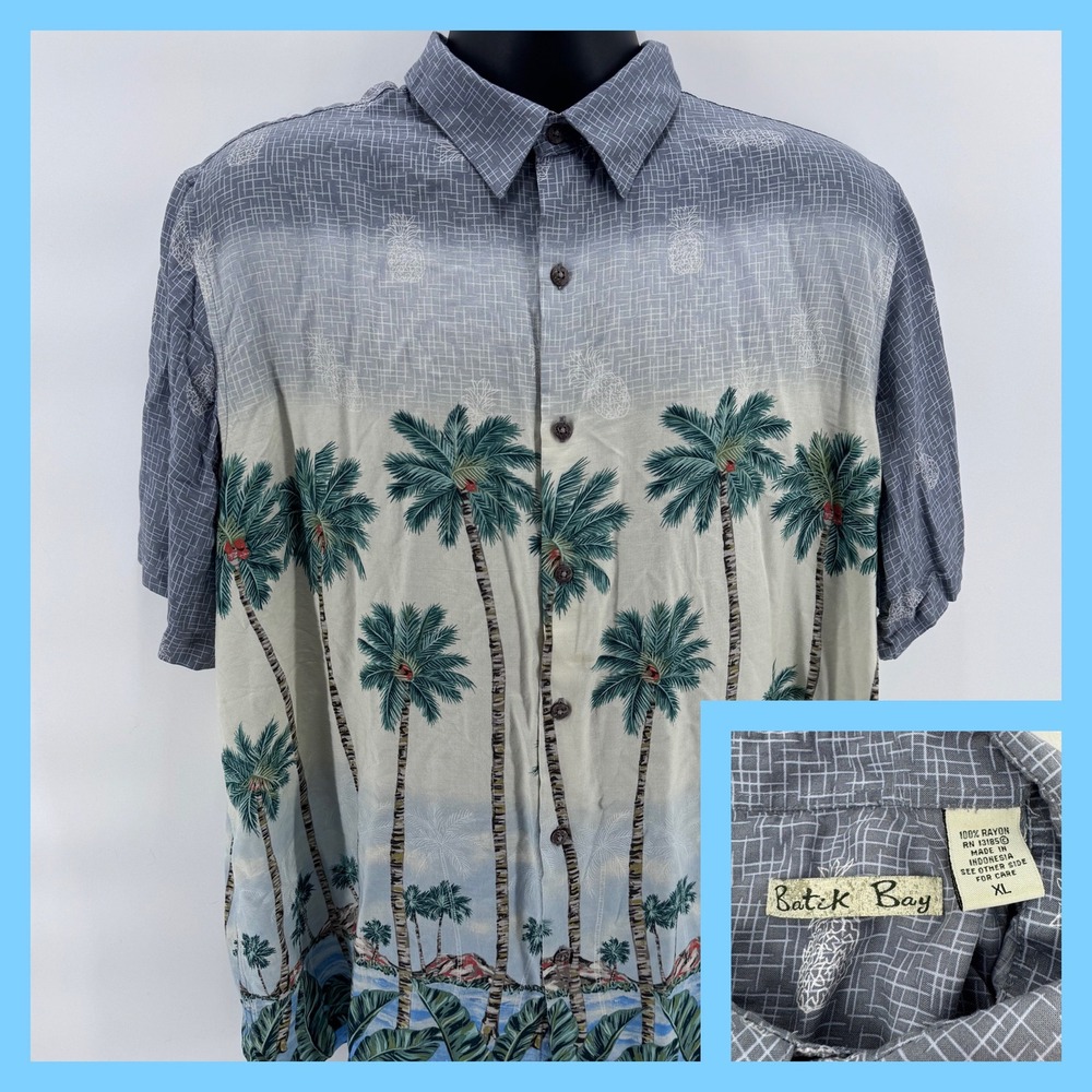 Batek Bay Mens XL‎ HawaiianTropical Palm Trees Rayon Short Sleeve Button Up
